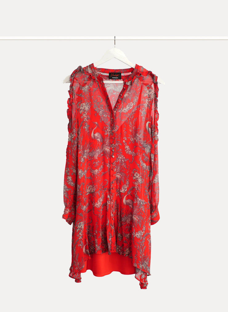 Robe en soie épaules ouvertes de la marque THE KOOPLES pour femme  de taille S/36 de couleur Rouge en vente sur la friperie en ligne Circular Clothing Paris